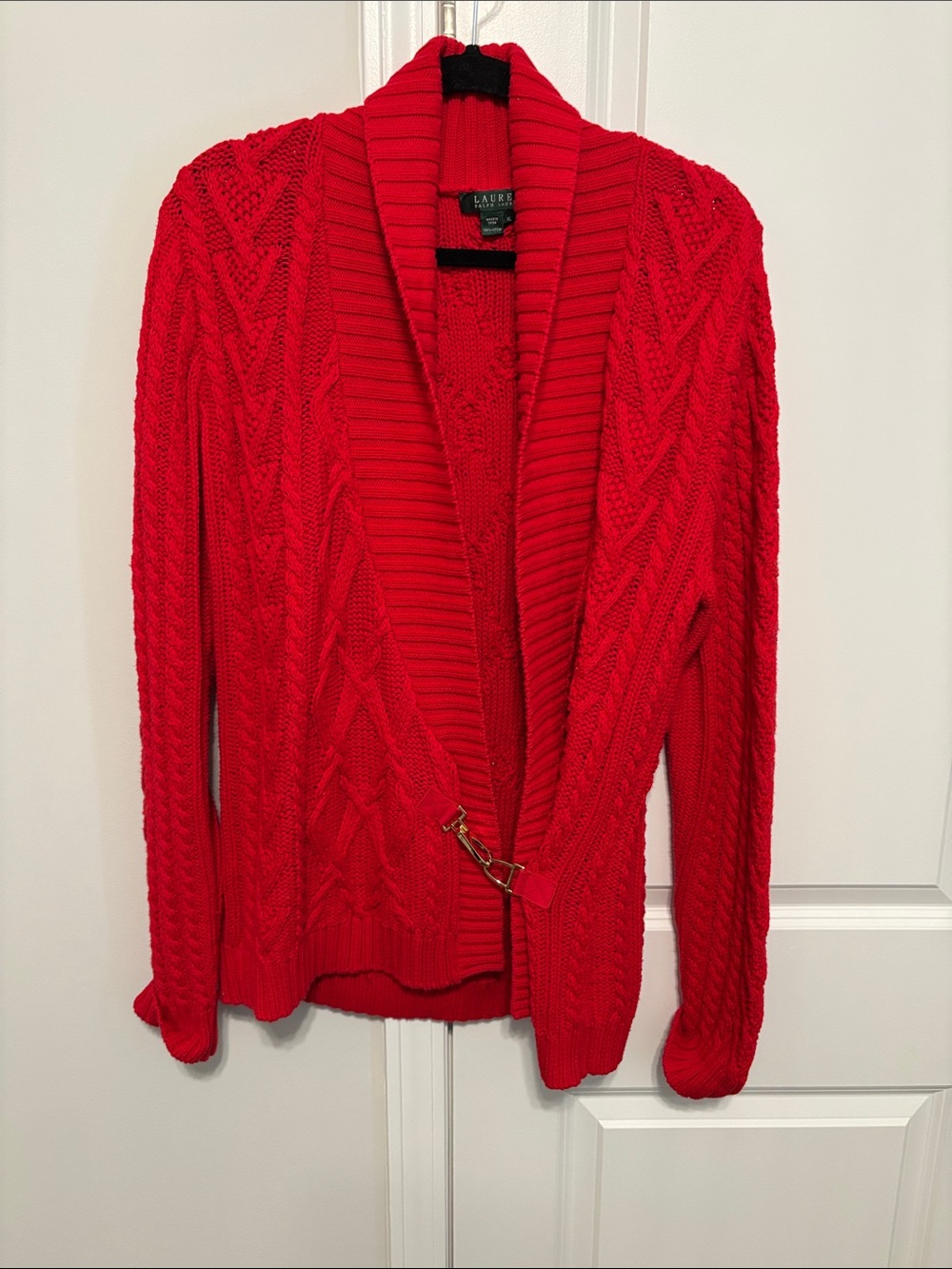 Lauren Ralph Lauren Bright Red Cable-Knit Shawl Collar Cardigan XL 100% Cotton